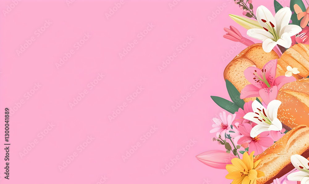 Fototapeta premium Fresh Bread Surrounded by Colorful Flowers on Pink Background