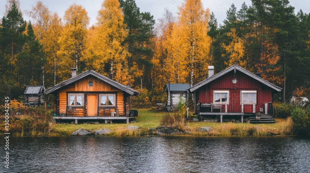 Tranquil Autumn Cabins by the Water at Twilight Tranquil Autumn Cabins by the Water at Twilight