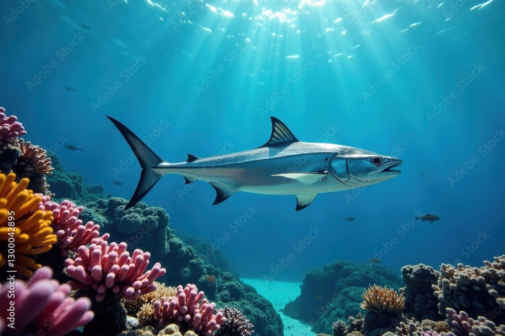 Fototapeta premium Silver barracuda school over vibrant coral reef, animal, ecosystem, photography