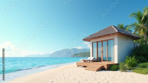 Wallpaper Mural A beachfront bungalow with a thatched roof sits on a sandy beach, overlooking a turquoise ocean with distant mountains and lush greenery. Torontodigital.ca