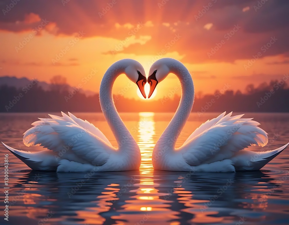 Fototapeta premium Loving Swans at Sunset: A Romantic Heart-Shaped Silhouette