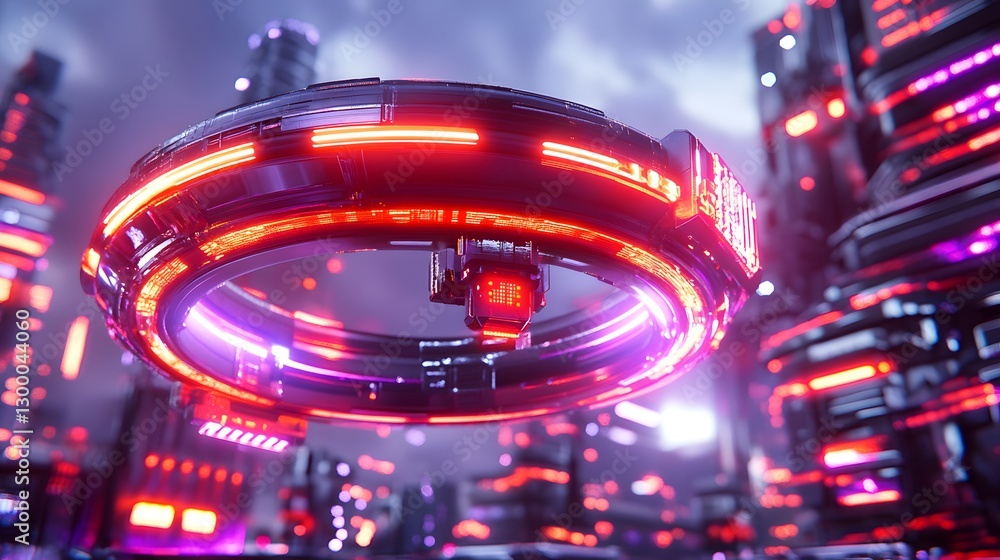 futuristic cityscape with a glowing, circular spacecraft hovering above. The scene is illuminated with neon lights, creating a vibrant, high-tech atmosphere