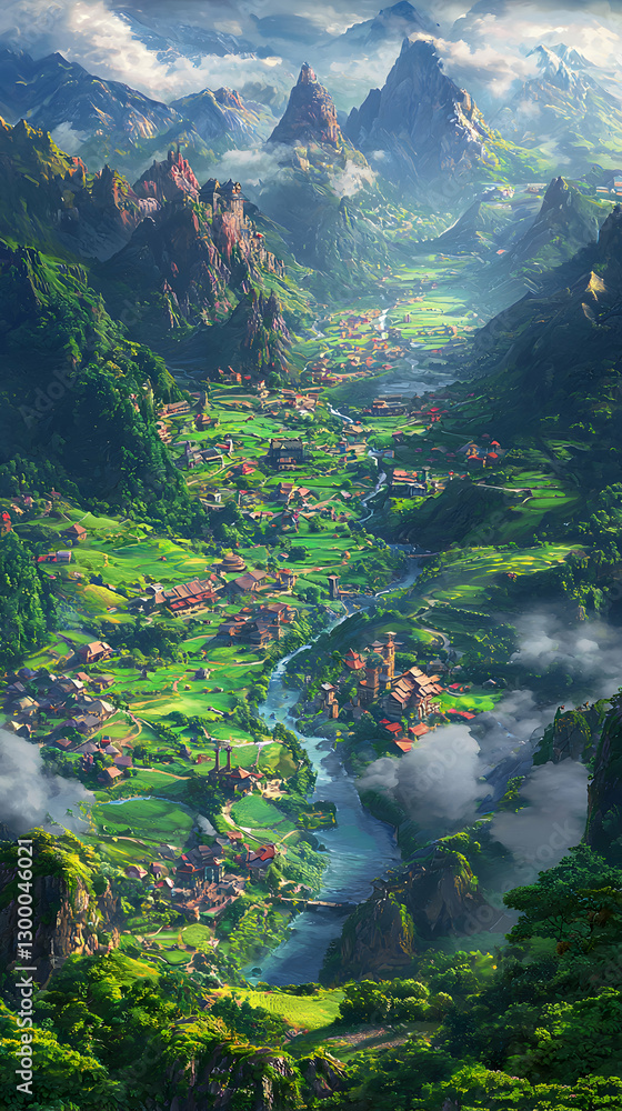 Obraz premium Lush Green Valley Landscape with Winding River and Mountain Peaks