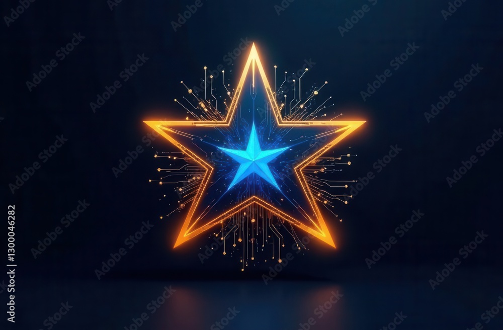 Glowing star with blue center and digital circuit pattern on dark background Glowing star with blue center and digital circuit pattern on dark background