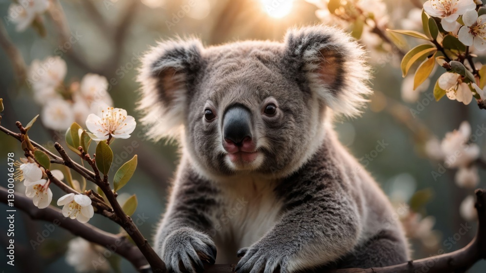 Fototapeta premium A close-up of a koala sitting on a branch surrounded by flowers in a serene setting.