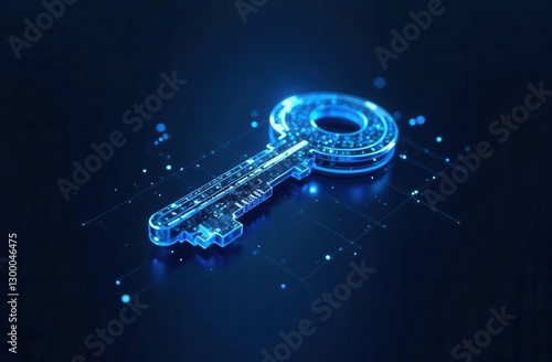 Futuristic blue cyber key on digital grid background
