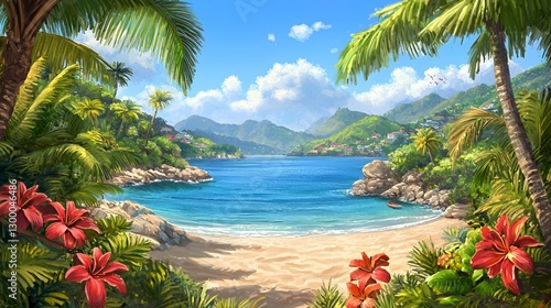 Serene Tropical Beach Landscape with Palm Trees and Red Flowers