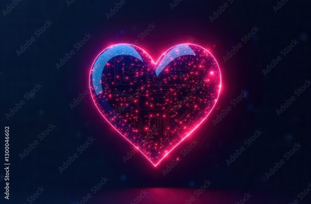 Glowing neon heart with digital circuitry and starry effects on dark background Glowing neon heart with digital circuitry and starry effects on dark background