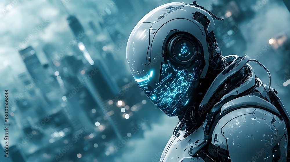 a futuristic cyborg with a glowing face in a city backdrop, representing advanced technology and artificial intelligence a futuristic cyborg with a glowing face in a city backdrop, representing advanced technology and artificial intelligence