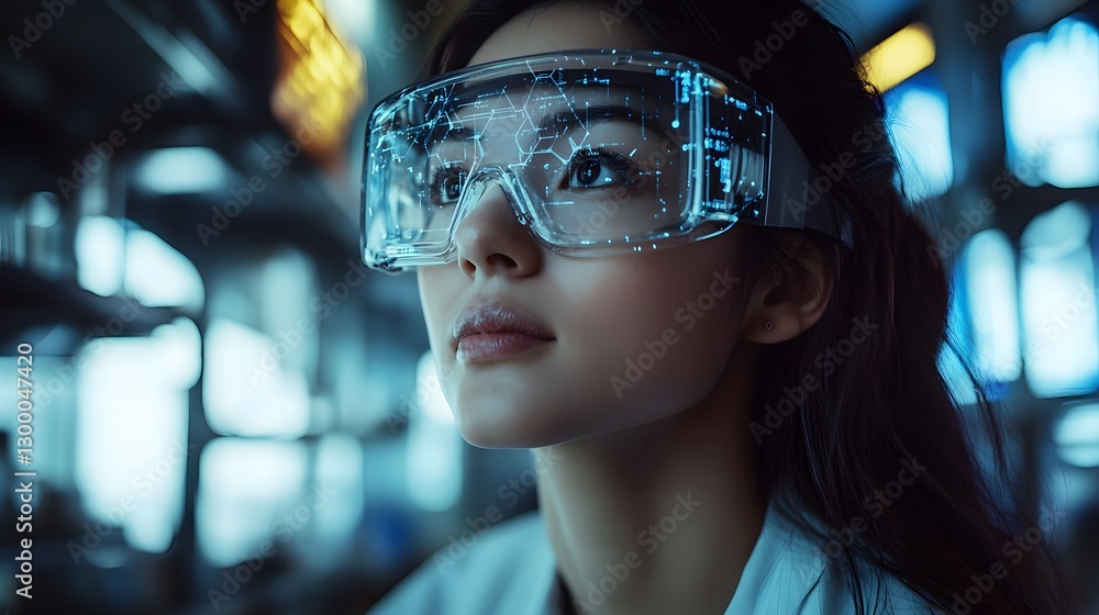 a woman scientist wearing protective goggles, looking into the distance with a thoughtful expression, in a lab setting. a woman scientist wearing protective goggles, looking into the distance with a thoughtful expression, in a lab setting.