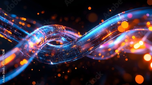 a network cable with digital data flowing through it. The cable glows with data transfer, showing technological progress 