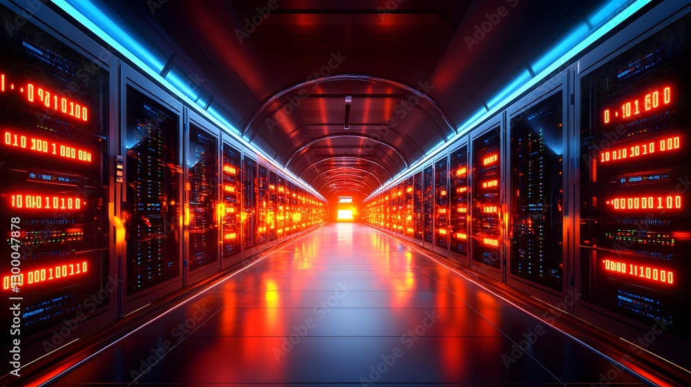 Obraz premium a futuristic data center corridor bathed in red and blue light, showcasing a technological hub 