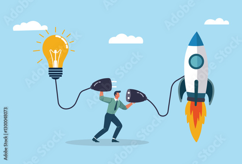 Business innovation concept illustration. Man connecting a light bulb to a rocket with a power plug, symbolizing startup growth, creativity, technology, and success. Vector flat design.