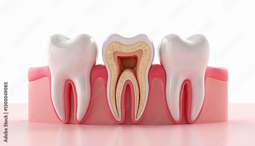 Detailed human tooth anatomy, cross section. Molars in gums. Dental structure illustration for dentist, clinic, educational materials. Healthy oral hygiene, caries prevention, root canal system Detailed human tooth anatomy, cross section. Molars in gums. Dental structure illustration for dentist, clinic, educational materials. Healthy oral hygiene, caries prevention, root canal system