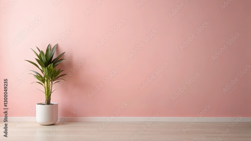 A minimalist pink wall with a single isolated home plant standing tall and proud in the center A minimalist pink wall with a single isolated home plant standing tall and proud in the center