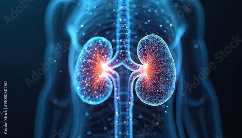 Fototapeta Naklejka Na Ścianę i Meble -  Glowing 3D model of human kidneys over dark blue background, made up of lines, connected dots. Futuristic, modern view of medical research, urology, dialysis, treatment, health care, anatomy.