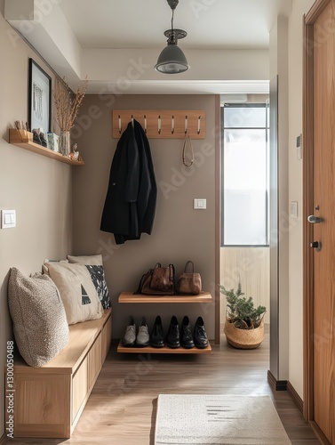Fototapeta Naklejka Na Ścianę i Meble -  An entry way hallway featuring a neutral colored interior design