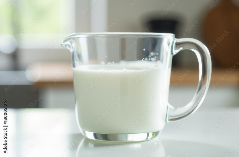 Glass pitcher of fresh milk on kitchen counter with soft focus background Glass pitcher of fresh milk on kitchen counter with soft focus background