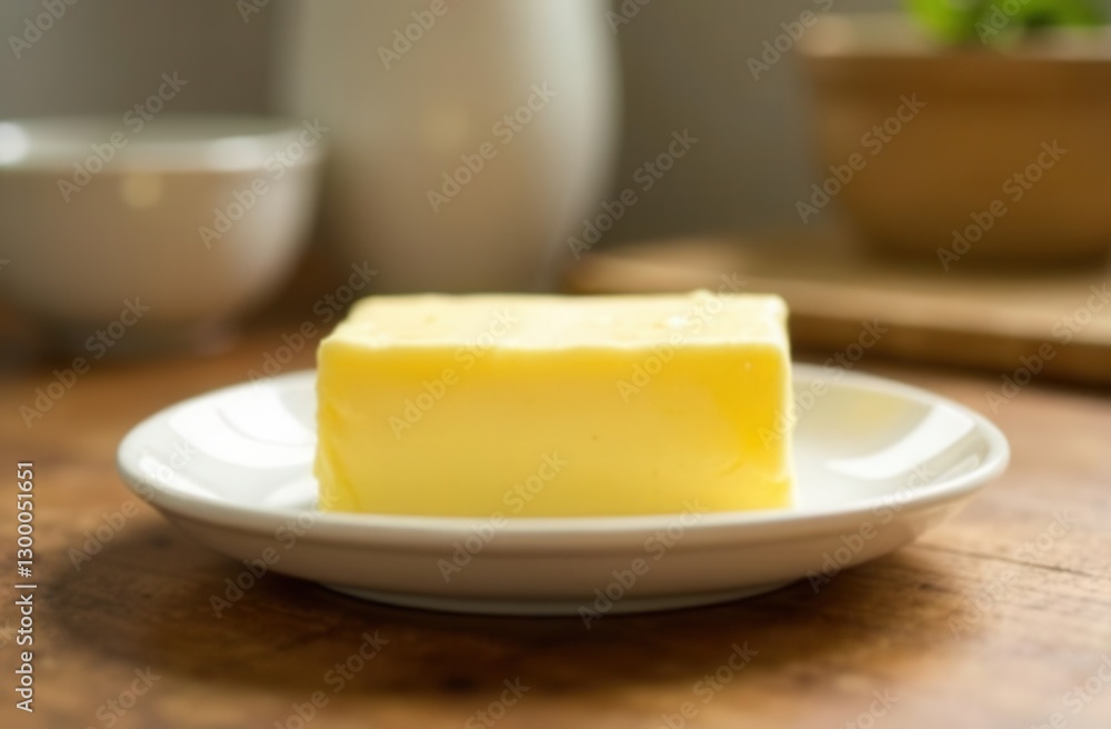 Block of butter on white plate in warm kitchen setting Block of butter on white plate in warm kitchen setting
