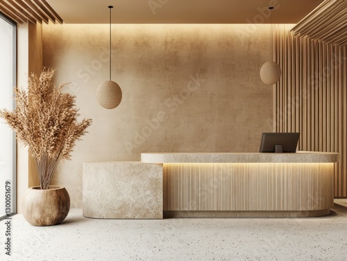 A modern elegant reception area with a stone desk