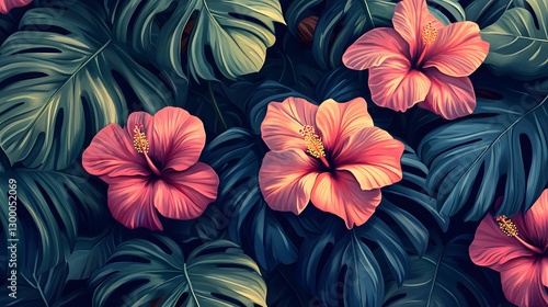 pink hibiscus flowers blooming among lush green monstera leaves, a captivating display of tropical beauty