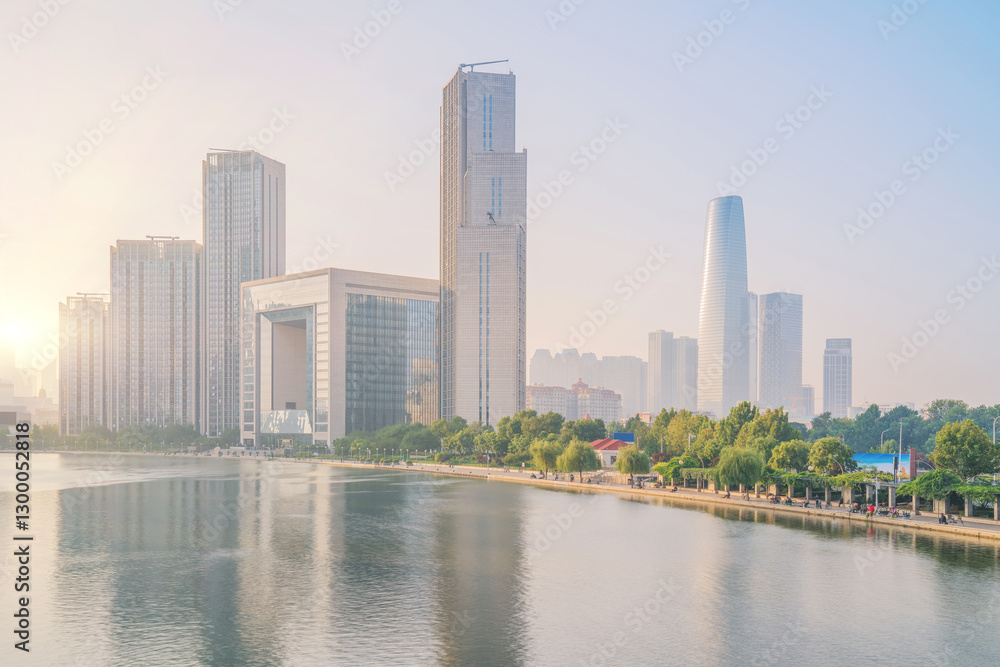 Obraz premium The urban architectural skyline, modern bridges, and Haihe River scenery of Tianjin, China on August 11, 2024 