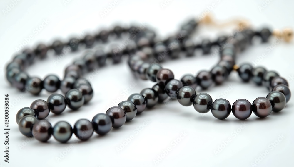 Obraz premium Close-up of black pearl necklace on white background. Luxury jewelry shot features elegance, wealth, glamour. Ideal gift for woman. Bracelet made of pearls. Elegant female fashion accessory.