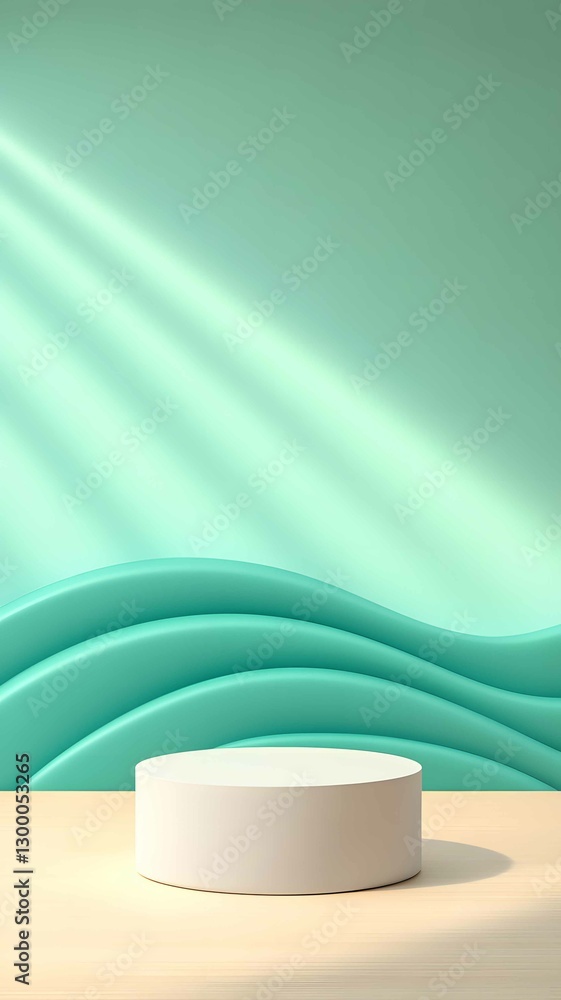 Minimalist display platform on beige surface against light turquoise wavy background enhances product presentation in an elegant setting Minimalist display platform on beige surface against light turquoise wavy background enhances product presentation in an elegant setting