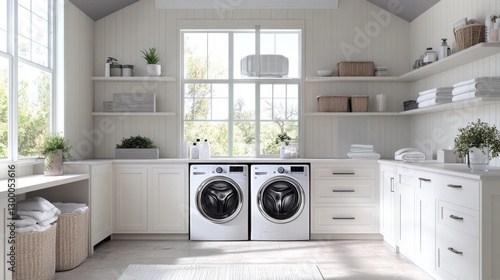 Transforming laundry bright and airy high-ceiling room home interior design inviting atmosphere modern aesthetic