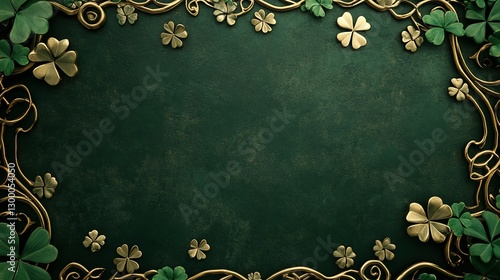 A decorative St. Patrick's Day background featuring a dark green textured surface framed by ornate gold and green shamrock designs.