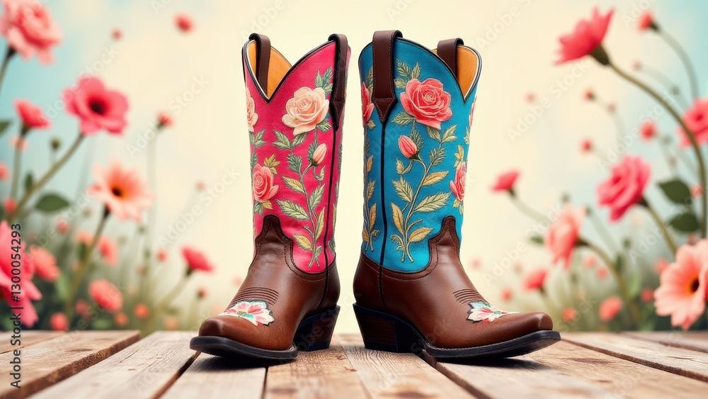 Cowboy boots with floral embroidery, one with a pink background and the other with a blue background, placed on a wooden surface with a floral backdrop.