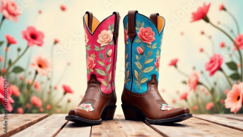 Obraz na płótnie Cowboy boots with floral embroidery, one with a pink background and the other with a blue background, placed on a wooden surface with a floral backdrop. w salonie
