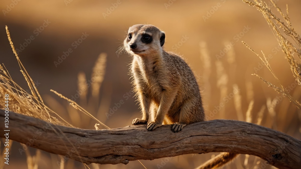 Fototapeta premium A meerkat perched on a branch in a dry, golden landscape.