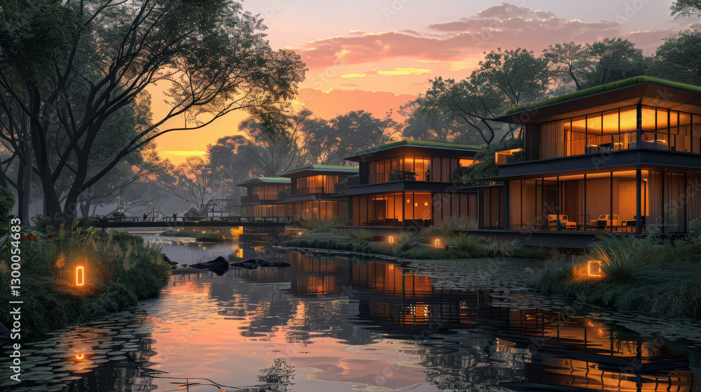 Fototapeta premium Eco-friendly Modern Architecture Surrounded By Nature At Sunset