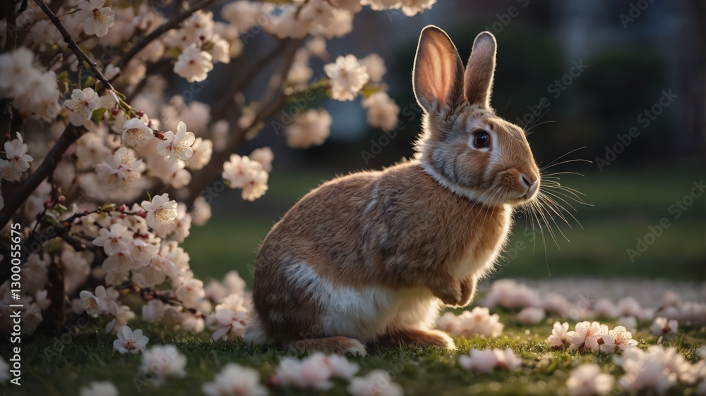 Fototapeta premium A rabbit sits gracefully among cherry blossoms in a serene garden setting.