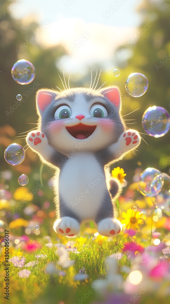 Joyful Kitten Amidst Bubbles: An animated kitten in a sunlit field filled with flowers is joyful, surrounded by floating bubbles Joyful Kitten Amidst Bubbles: An animated kitten in a sunlit field filled with flowers is joyful, surrounded by floating bubbles