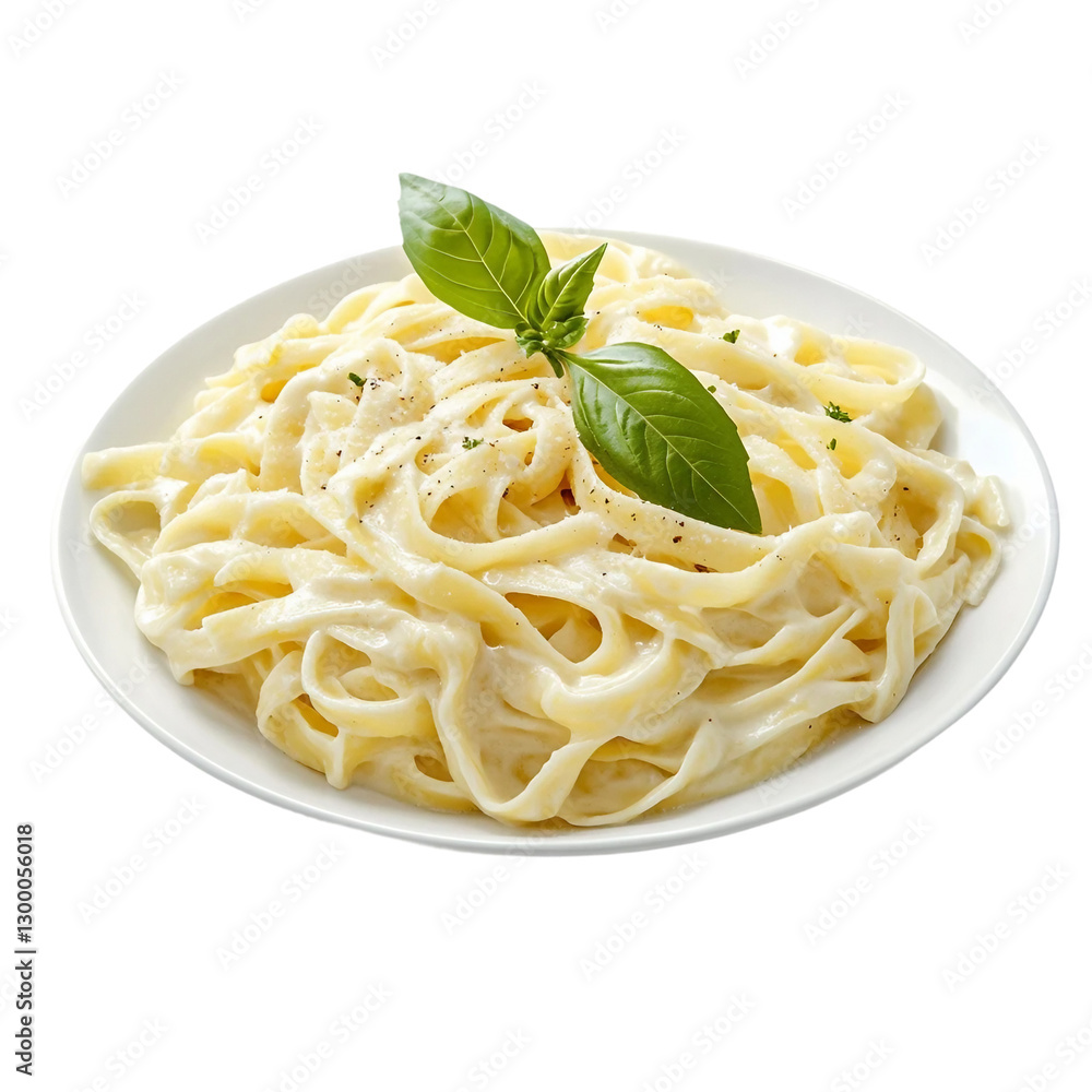 Plate of fettucini alfredo with garnish isolated for menu, side view, delicious Italian pasta dish food menu on white background transparent background, png. Plate of fettucini alfredo with garnish isolated for menu, side view, delicious Italian pasta dish food menu on white background transparent background, png.
