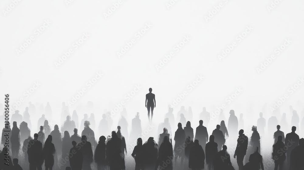 Naklejka premium Pink silhouette of couple standing in monochrome crowd of different people,surreal unique and different concept,loneliness in society,shadow,freedom,Love,be yourself,Stand out from the crowd.