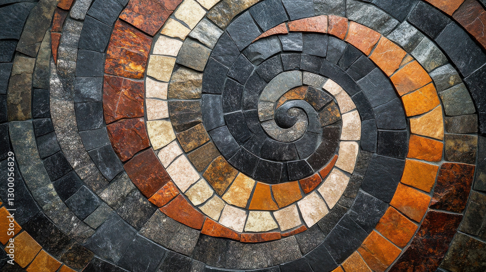 Fototapeta premium A breathtaking close-up of a handcrafted mosaic featuring a swirling, abstract pattern composed of irregularly shaped stones in shades of charcoal, sienna