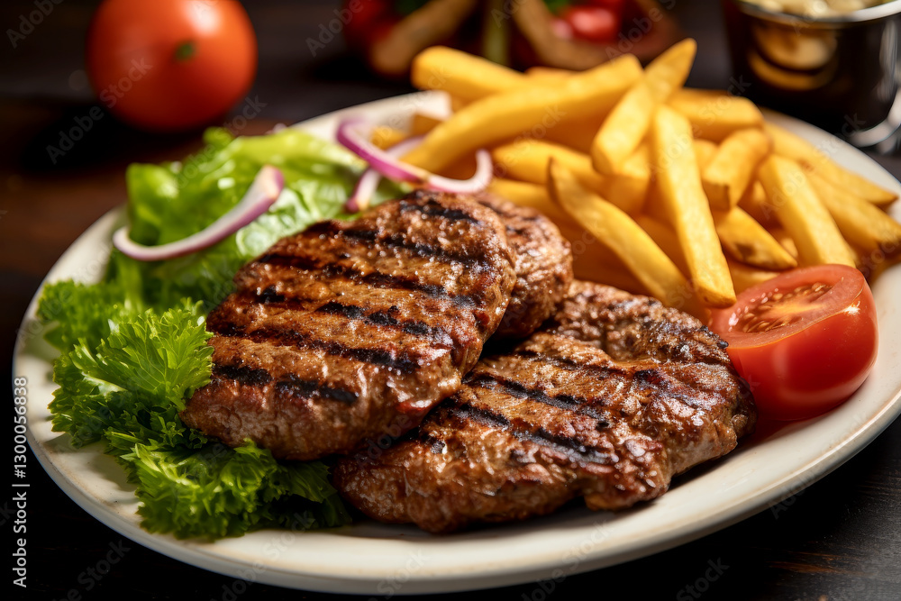 Grilled Beef Patties with Fries and Vegetables Grilled Beef Patties with Fries and Vegetables