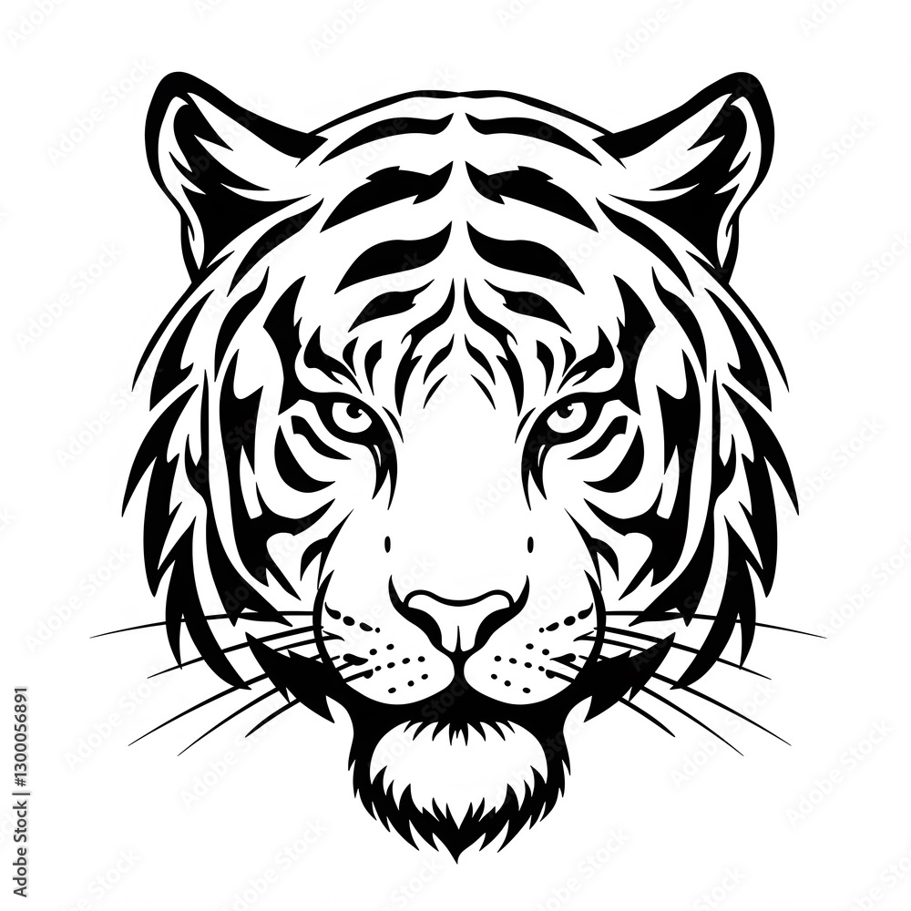Fototapeta premium Majestic Tiger Head: A Striking Black and White Illustration of a Powerful Feline