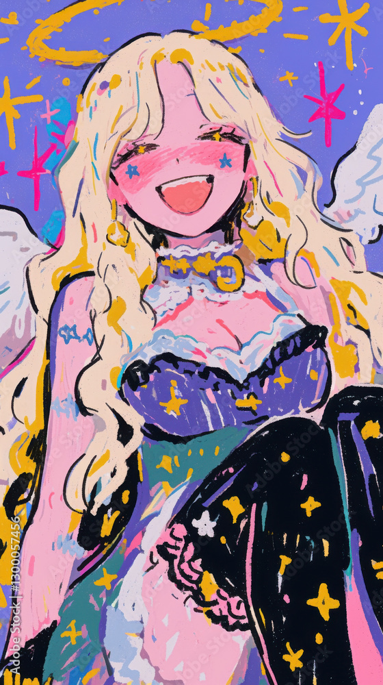 Fototapeta premium Retro comic style blonde women, starlight, hearts, flowers, blonde hair with bangles, purple or red green background on the Kawaii concept