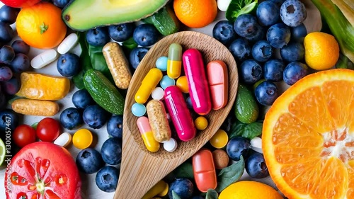 Wooden Spoon with Multivitamins Surrounded by Fruits and Vegetables