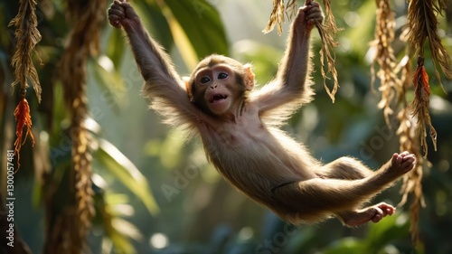 A playful monkey swinging joyfully among lush greenery.