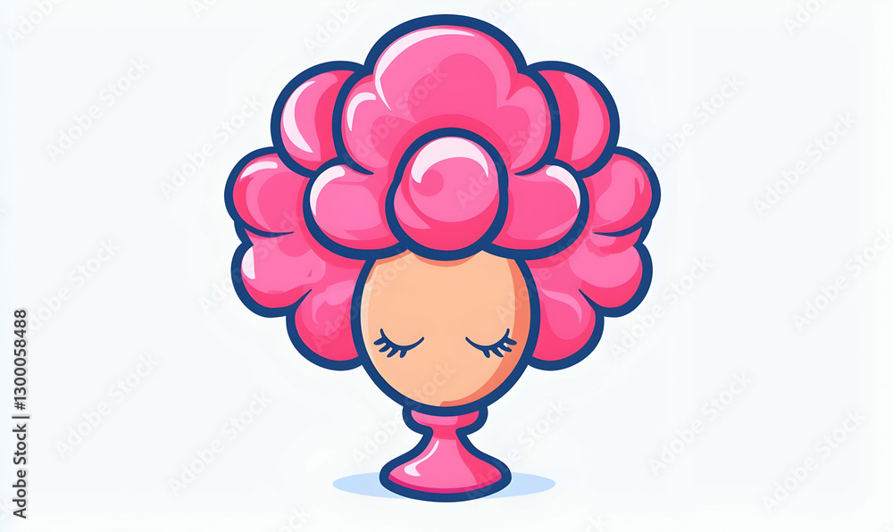 Playful Cartoon Character with Puffed Pink Hair and Closed Eyes Playful Cartoon Character with Puffed Pink Hair and Closed Eyes