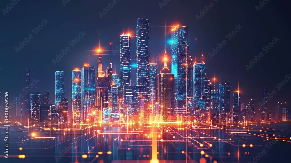 Obraz premium Digital futuristic city skyline with glowing skyscrapers. 