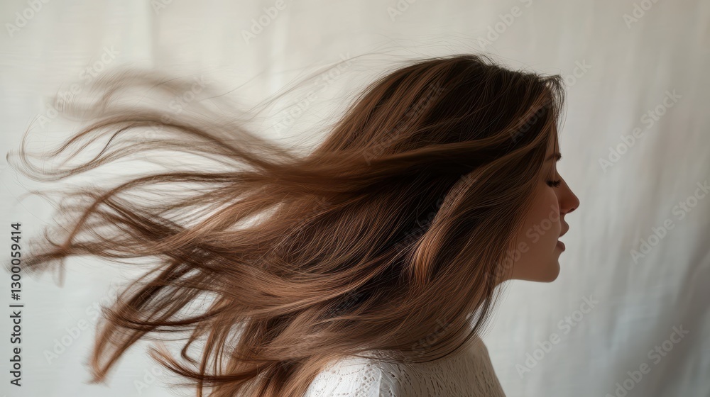 Naklejka premium Beautiful model girl with Brown hair strand,silky healthy chestnut wavy hair strand isolated on white background,hair wavy ribbon, with smooth texture,vibrant shine,brunette hairpiece, hairy ribbon.