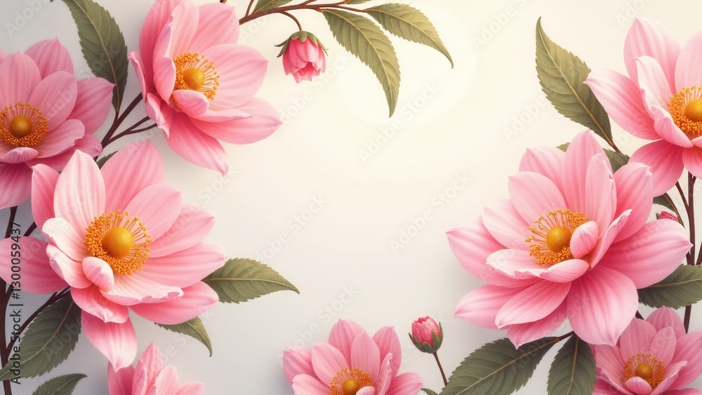 Obraz premium Beautiful pink flowers with green leaves on a light background, perfect for floral textile designs.
