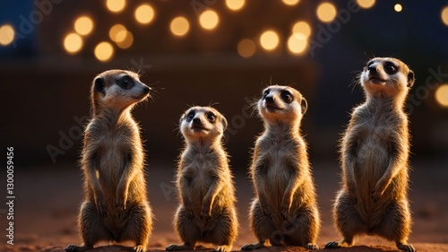 Wallpaper Mural A group of four meerkats standing upright against a blurred, twinkling background. Torontodigital.ca