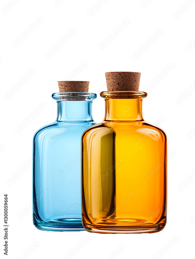 Empty glass bottle isolated on a white background with a brown transparent liquid inside, often used for medicine or oil in a laboratory or pharmacy setting Empty glass bottle isolated on a white background with a brown transparent liquid inside, often used for medicine or oil in a laboratory or pharmacy setting